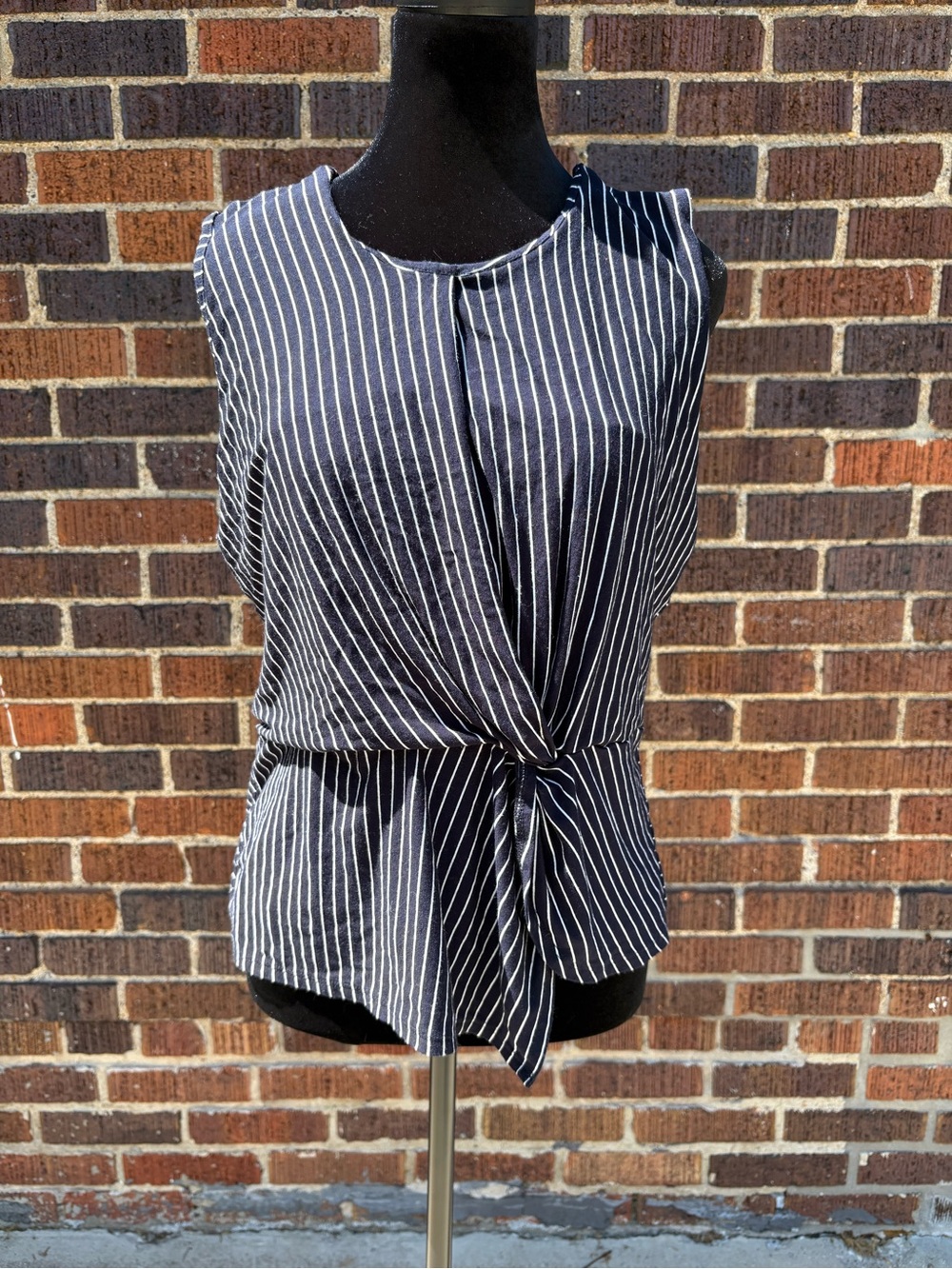 Sleeveless Navy & White Pinstripe Tie-Front Blouse